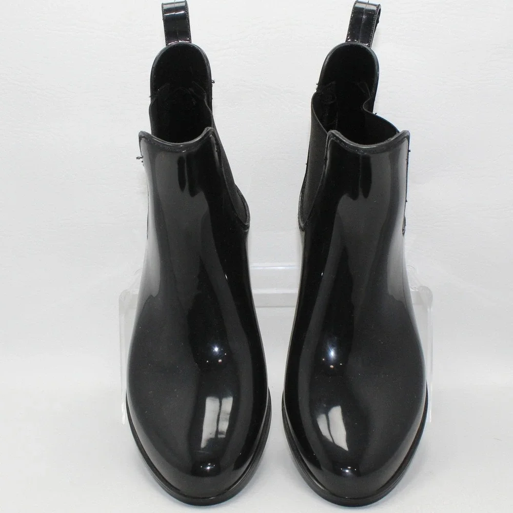 Womens Black Glossy Chelsea Rain Boots Ankle Waterproof Size‎ 38 Elastic Gore
